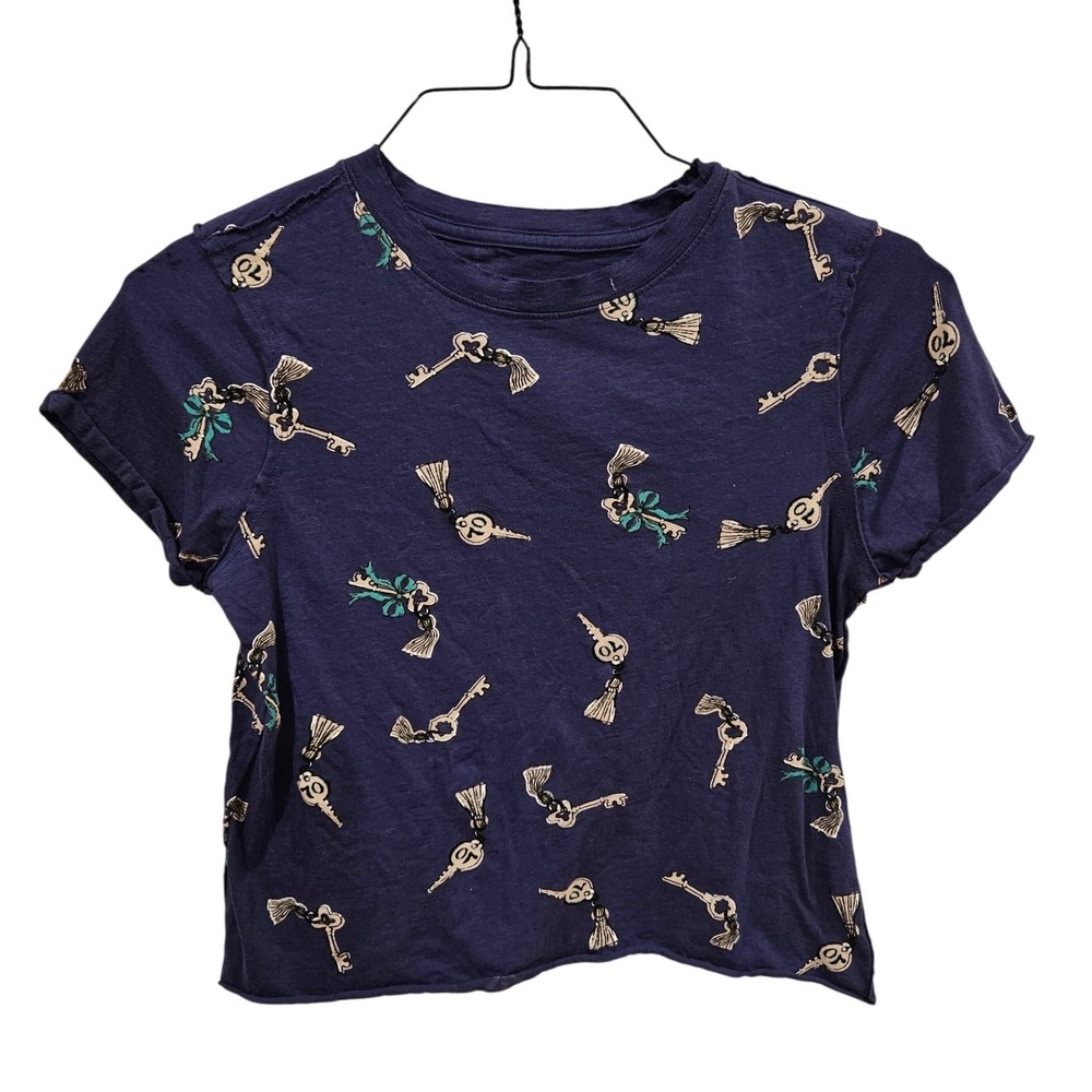 Maeve Anthropologie Navy Blue Skeleton Key Tassel Print Crop Tee XXS